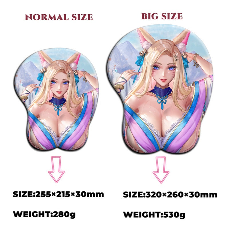 League of Legends Sexy Ahri Big Breast Gaming Anime 3D Mouse Pad Cute Manga Pad with Wrist Oppai Silicone Gel Boob Mat