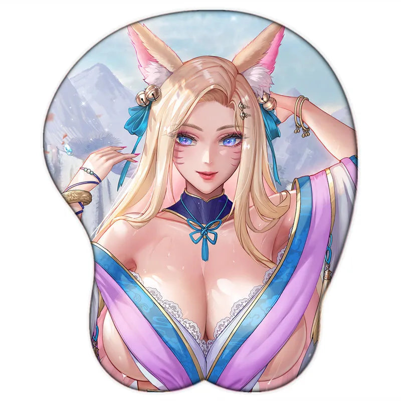 League of Legends Sexy Ahri Big Breast Gaming Anime 3D Mouse Pad Cute Manga Pad with Wrist Oppai Silicone Gel Boob Mat